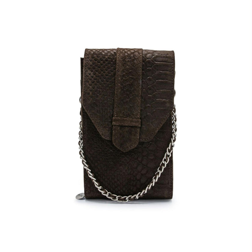 Mosz Telefoontasje Phonebag Suede Snake Dark Brown Brushed Silver